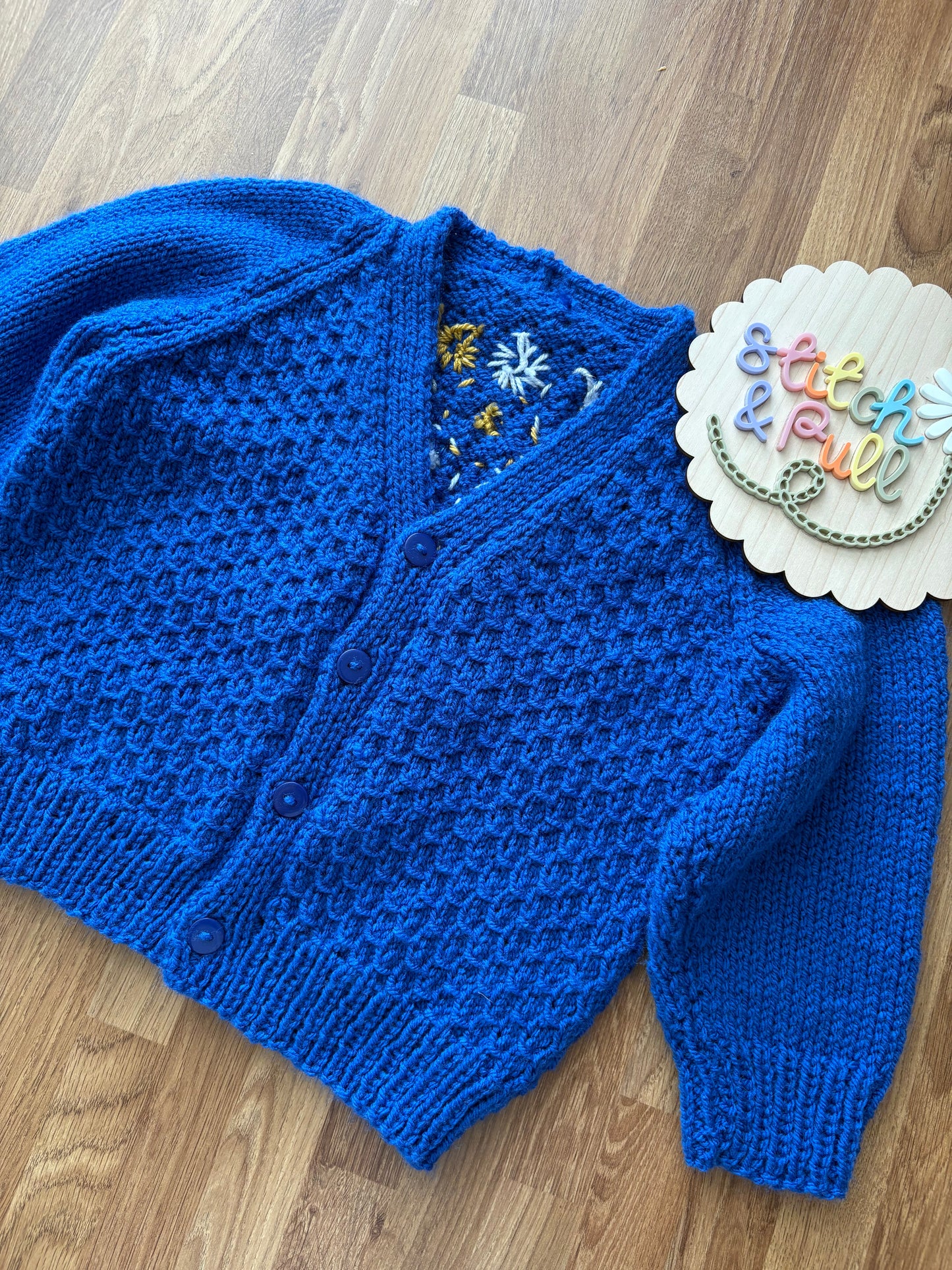 Pre-made Knitted Blue Cardigan with fireworks embroidery - Size 3-4 years