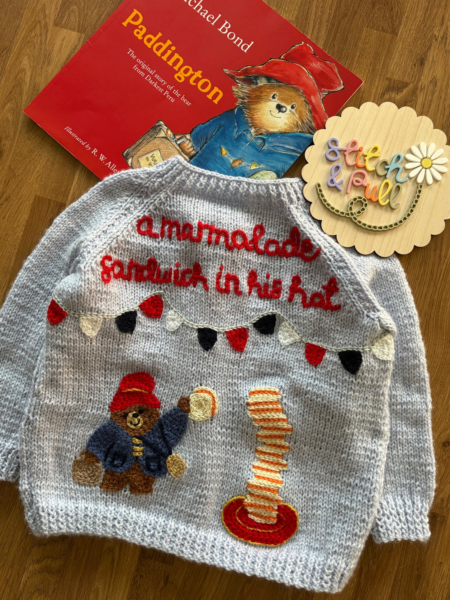 Pre-made Knitted Paddington picnic Cardigan - Size 2-3 years