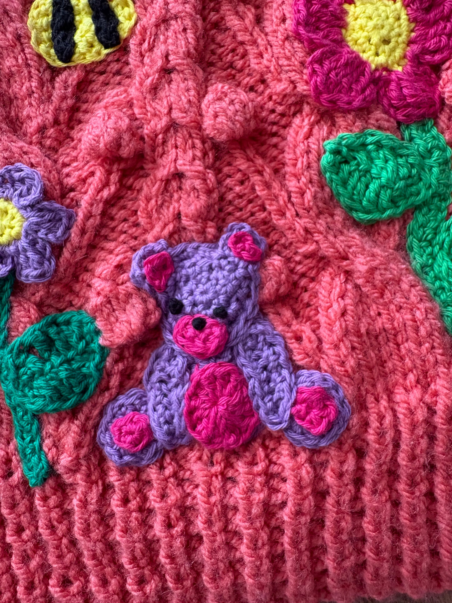 Pre-made Knitted Pink Popcorn Cardigan with flowers, rainbows, star, cloud, bee, mushroom and bear - Size 1-2 years