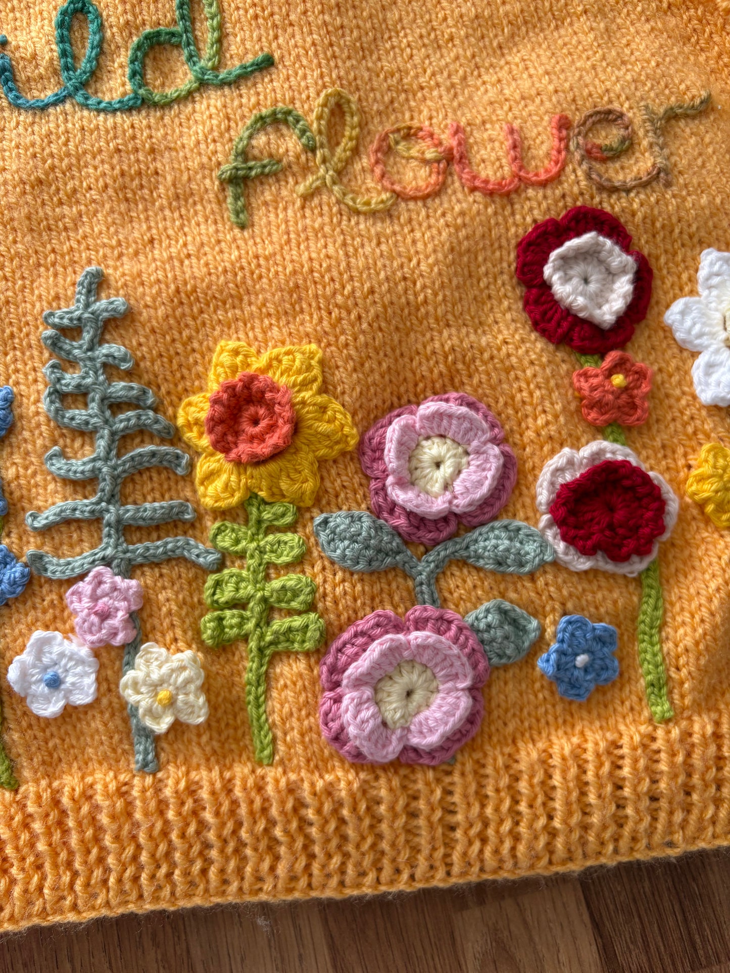 Pre-made Knitted Saffron Cardigan with liberty collar and wild flowers - Size 2-3 years