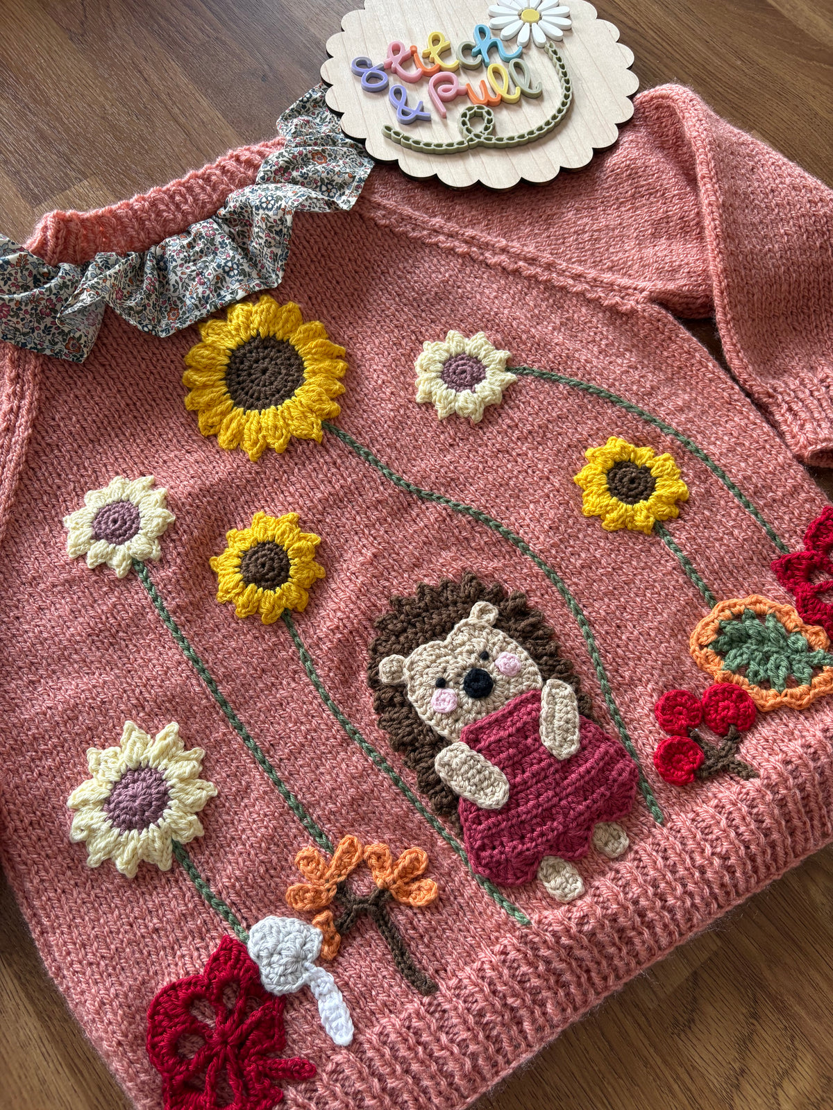 Pre-made Knitted & Crocheted Cardigan with Liberty Collar - Harriet Hedgehog the Gardener - age 2-3 years