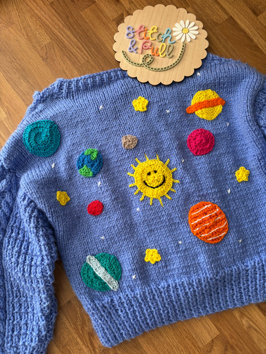 Pre-made Knitted Space Solar System Bluebell Popcorn Cardigan - Size 3-4 years