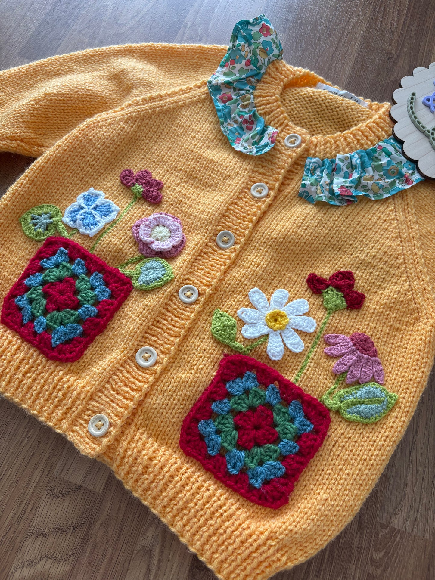 Pre-made Knitted Saffron Cardigan with liberty collar and wild flowers - Size 2-3 years