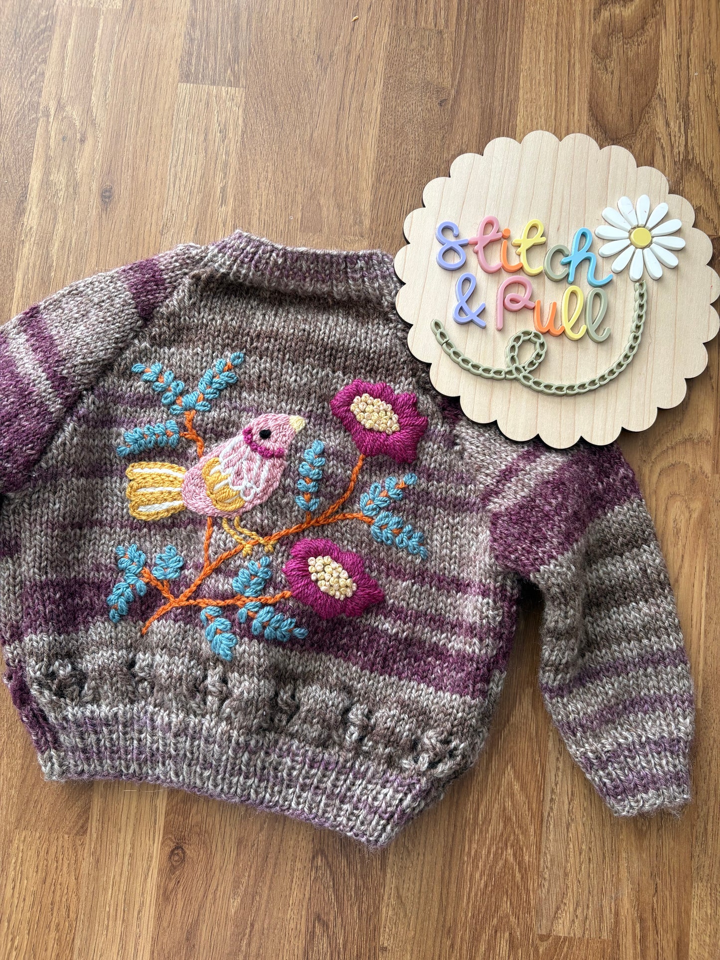 Pre-made Knitted Purple/Brown mix Bird and Flowers Cardigan - Size 9-12 months