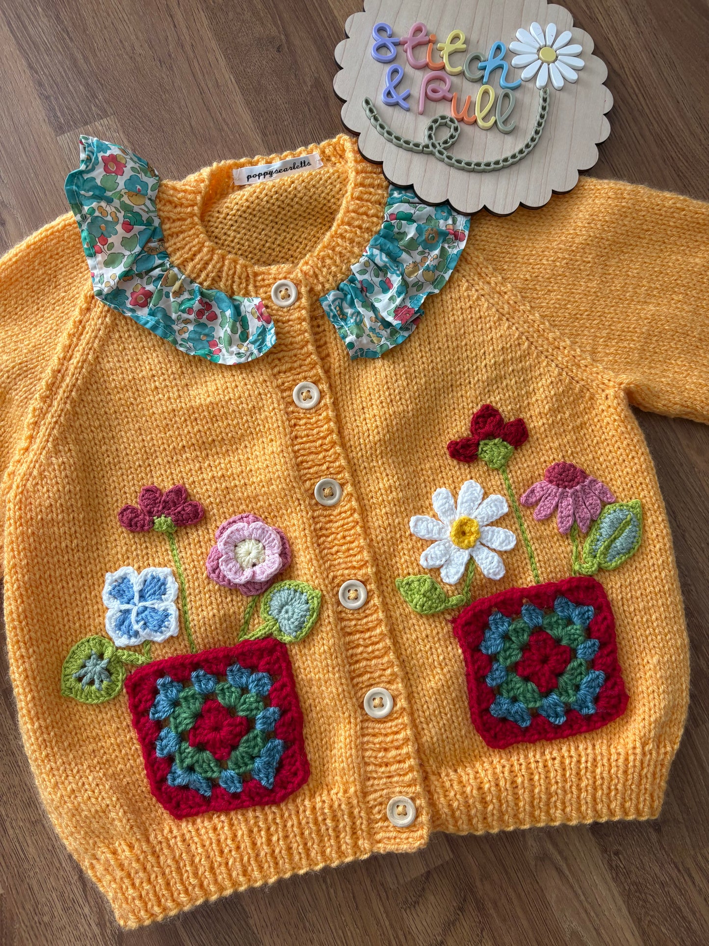 Pre-made Knitted Saffron Cardigan with liberty collar and wild flowers - Size 2-3 years