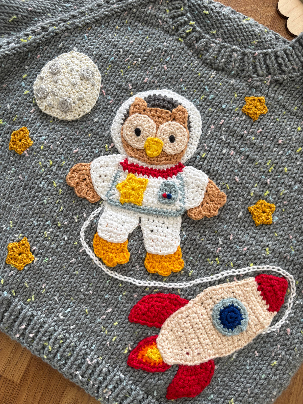 Pre-made Knitted & Crocheted Jumper - Oliver Owl the Astronaut - age 1-2 years