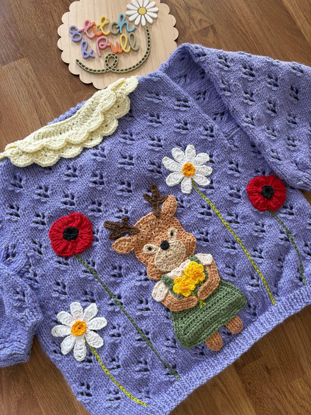 Pre-made Knitted & Crocheted Cardigan - Daisy Deer the Florist - age 2-3 years