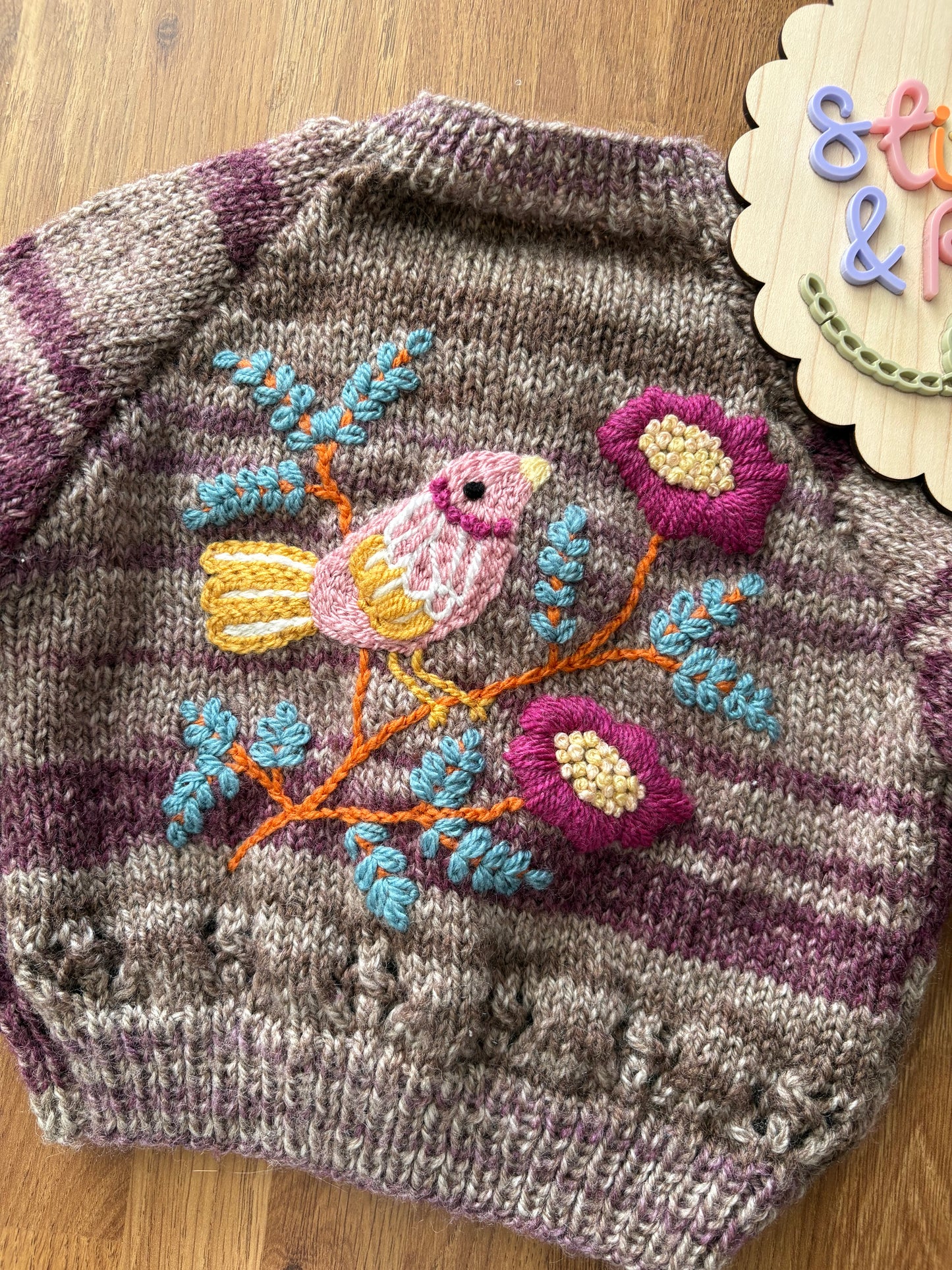 Pre-made Knitted Purple/Brown mix Bird and Flowers Cardigan - Size 9-12 months