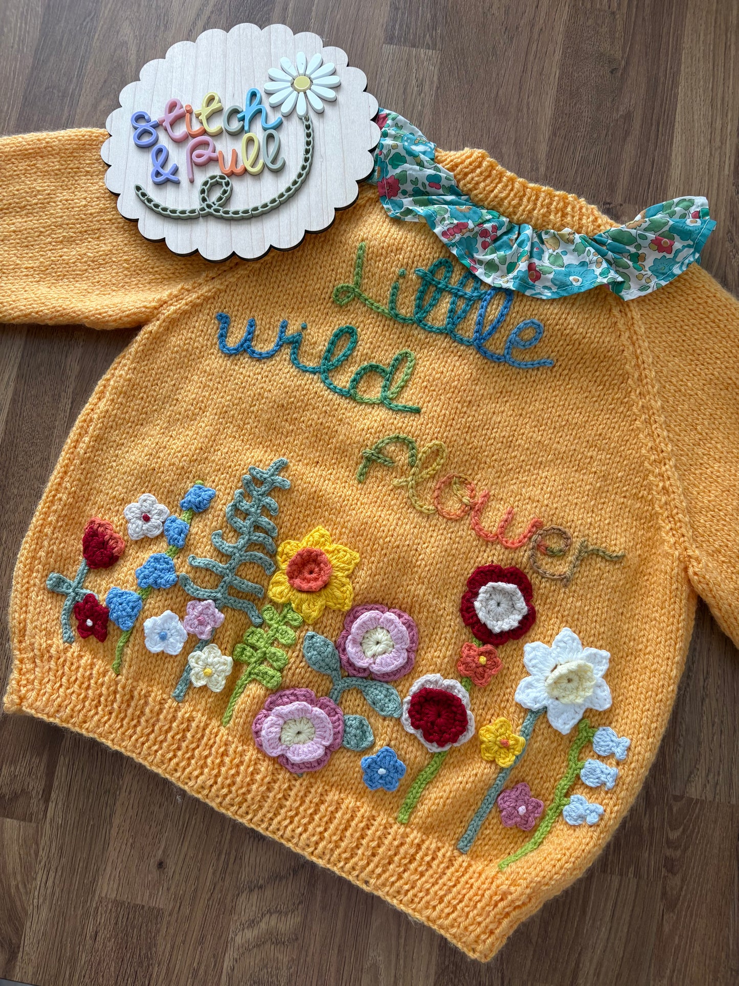Pre-made Knitted Saffron Cardigan with liberty collar and wild flowers - Size 2-3 years