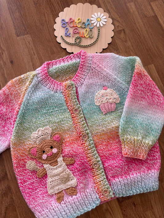 Pre-made Knitted & Crocheted Cardigan - Martha Mouse the Baker - age 1-2 years