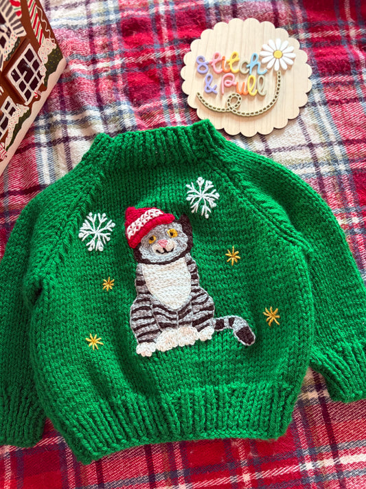 Pre-made Knitted Christmas Chunky Green Cardigan with Mog and Snowflakes Scene - Size 12-18 months