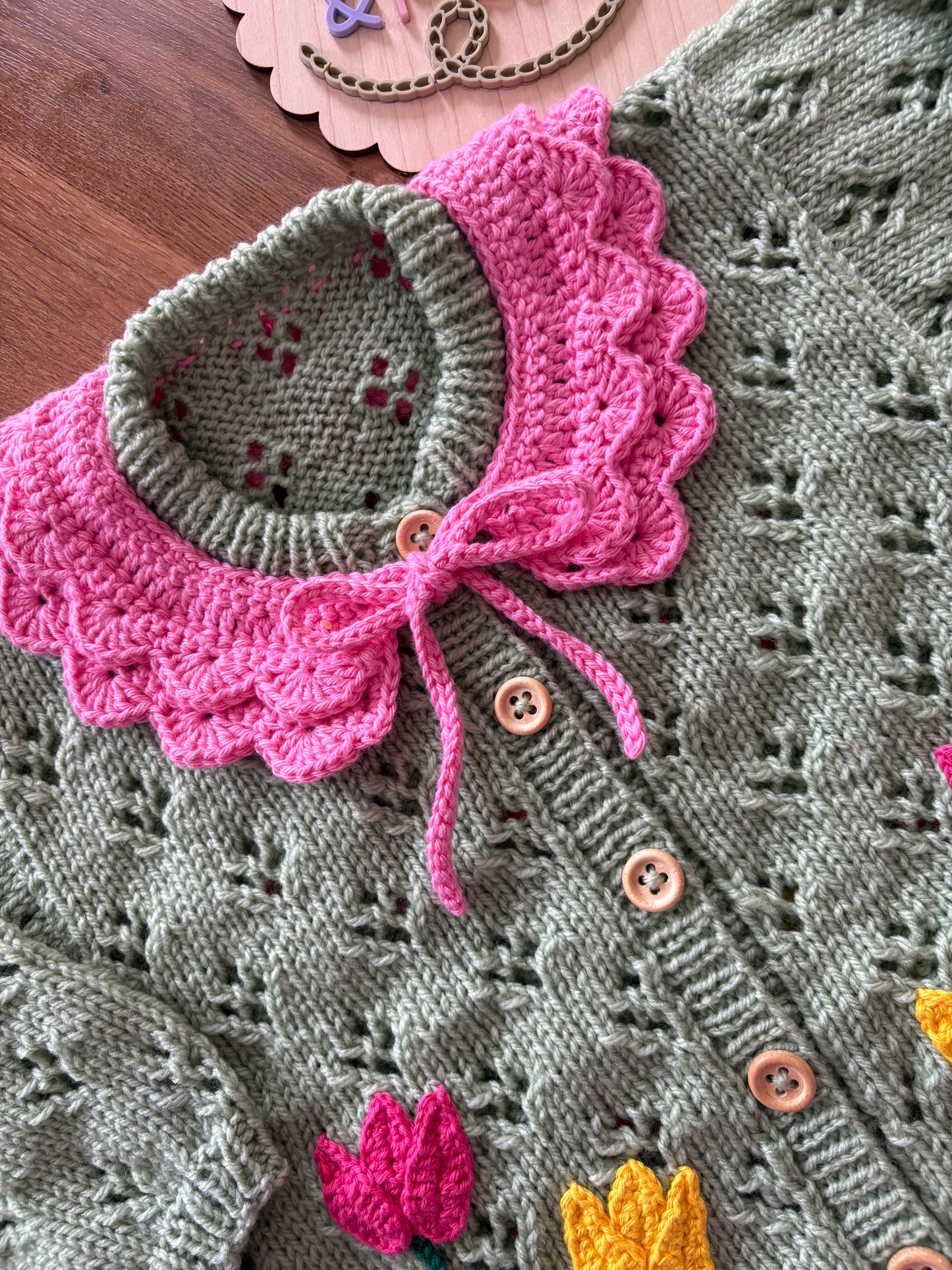 Pre-made Knitted & Crocheted Little Tulip Cardigan - 2-3 years