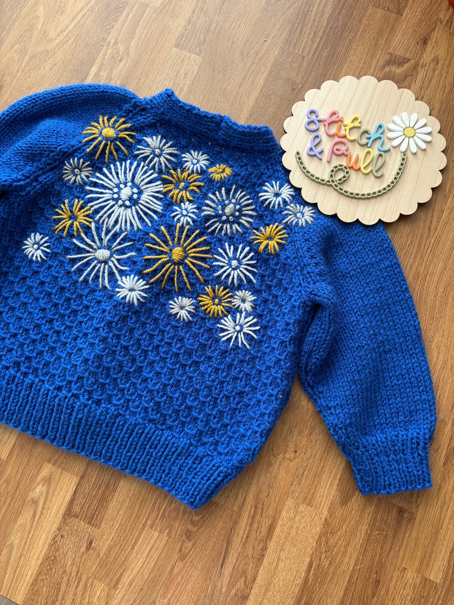 Pre-made Knitted Blue Cardigan with fireworks embroidery - Size 3-4 years