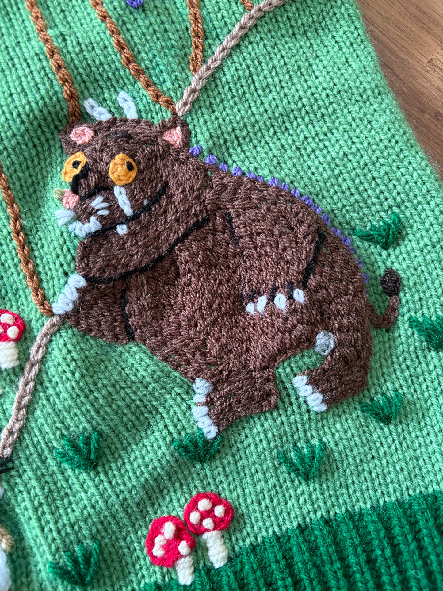Pre-made Knitted Green Jumper with Gruffalo scene - Size 3-4 years