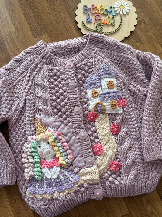 Pre-made Knitted & Crocheted Merino Cable Cardigan - Penelope the Princess Unicorn - age 2-3 years