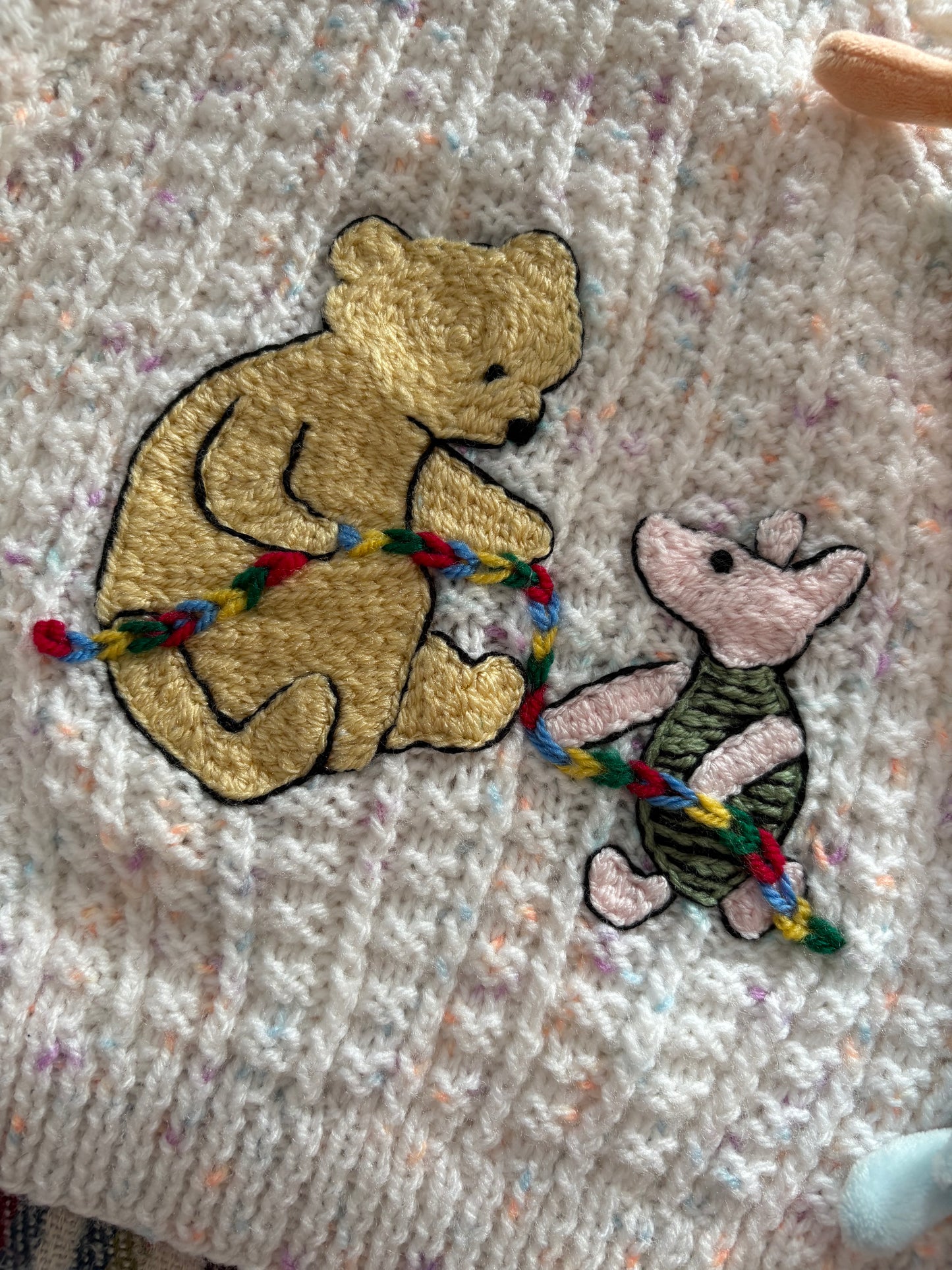 Pre-made Knitted Christmas White Fleck Cardigan with Winnie the Pooh and Piglet - Size 9-12 months