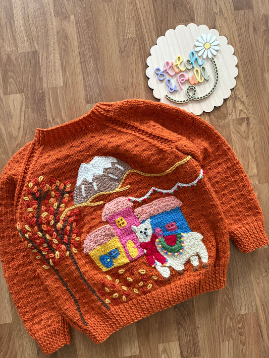 Pre-made Knitted Rust Autumn Llama Cardigan - Size 2-3 years