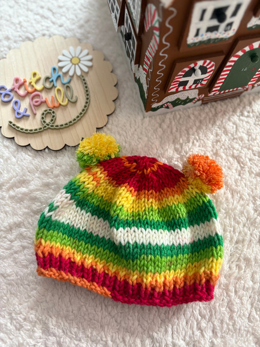 Personalisable knits - 12-18 months jungle colours hat with 2 pom poms