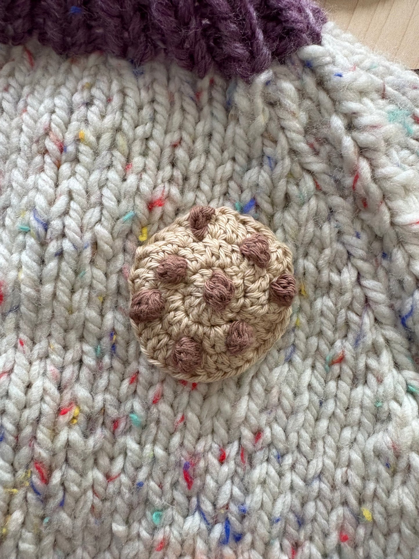 Pre-made Knitted Sprinkle Cream Cardigan with purple ribbing - Size 1-2 years