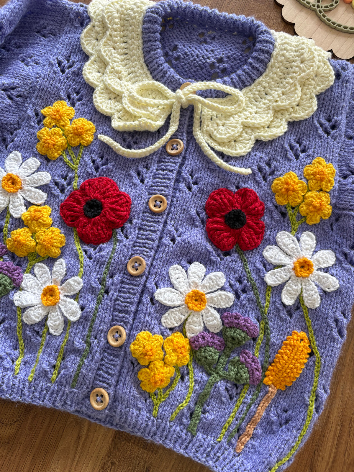 Pre-made Knitted & Crocheted Cardigan - Daisy Deer the Florist - age 2-3 years