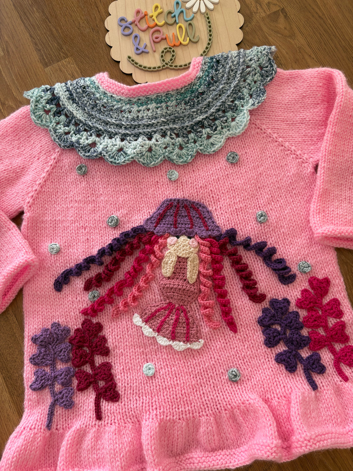 Pre-made Knitted & Crocheted Peplum Cardigan - Jasmine the Jellyfish Mermaid - age 2-4 years