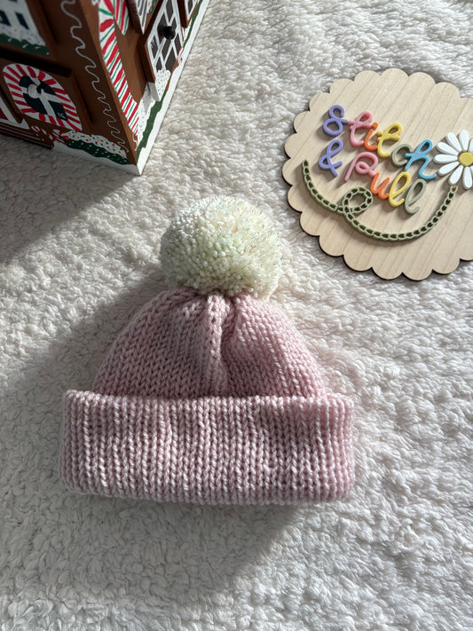 Personalisable knits - 6-12 months dusty pink hat with pom pom