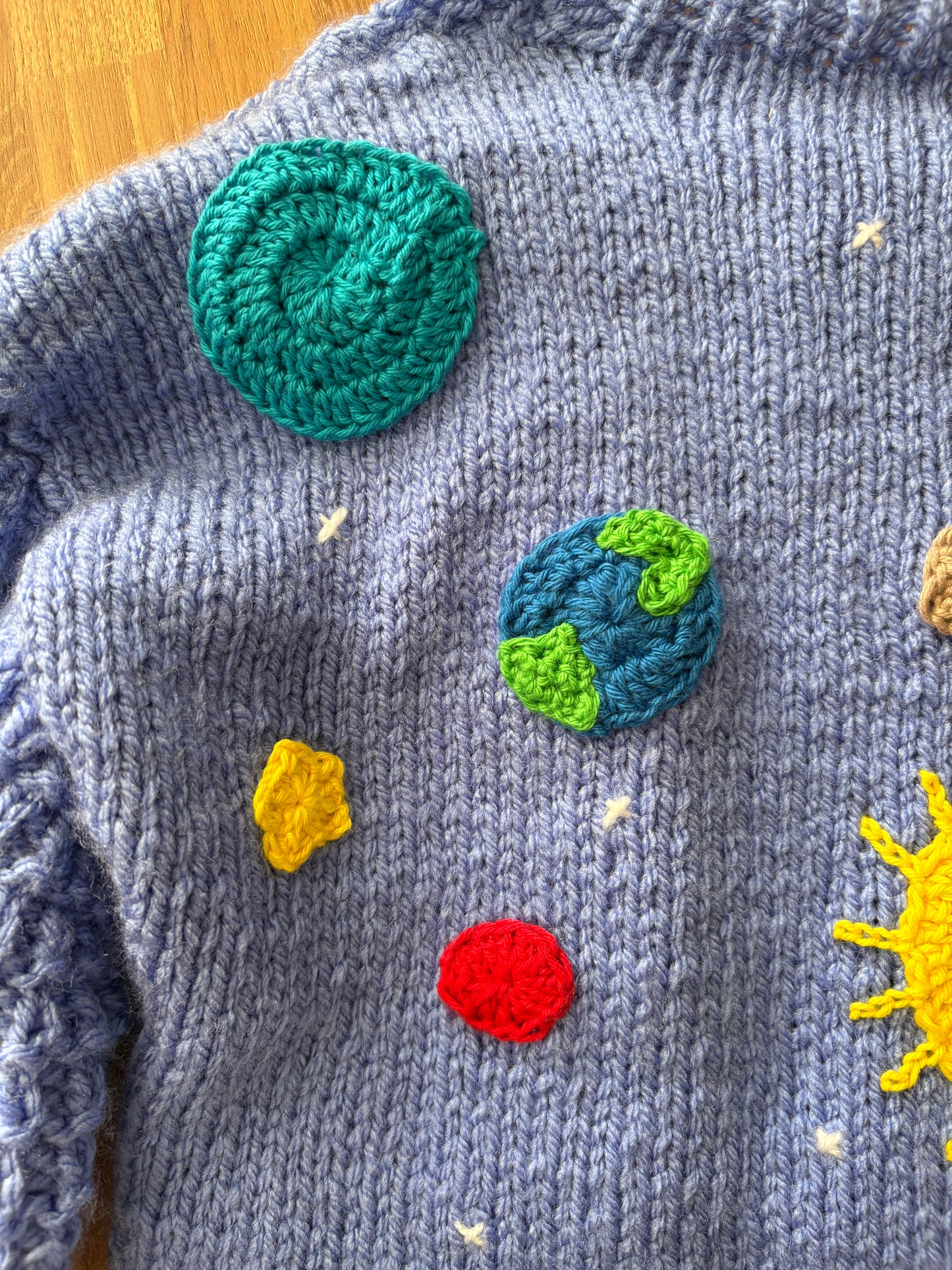 Pre-made Knitted Space Solar System Bluebell Popcorn Cardigan - Size 3-4 years