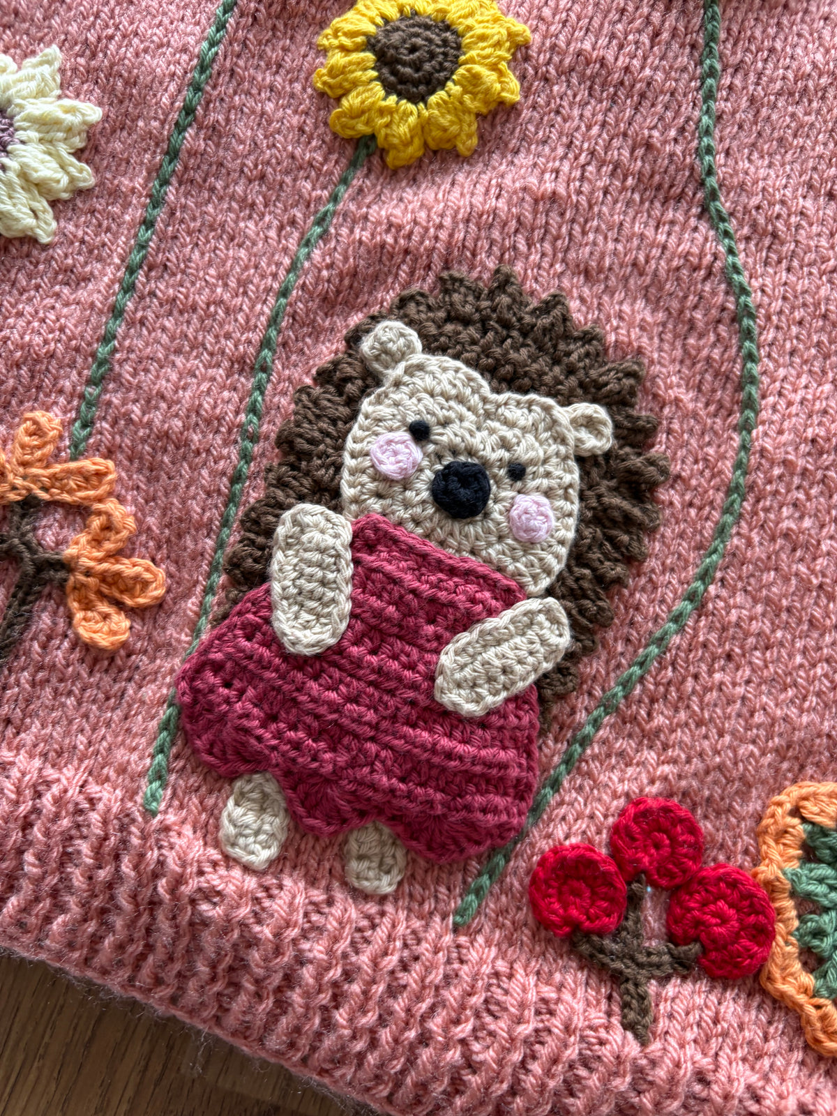 Pre-made Knitted & Crocheted Cardigan with Liberty Collar - Harriet Hedgehog the Gardener - age 2-3 years