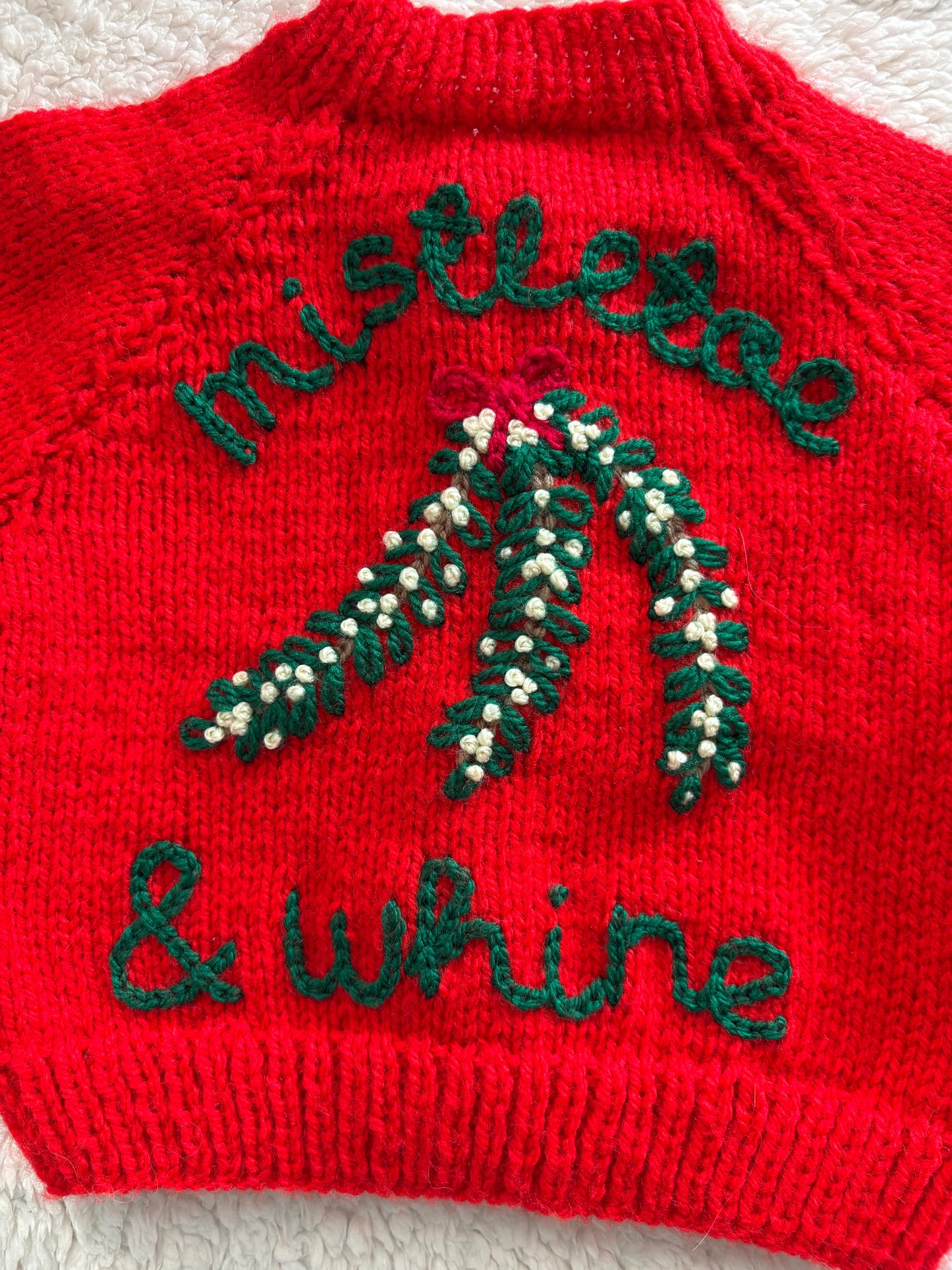 Pre-made Knitted Christmas Red Cardigan with ‘mistletoe & whine’ wording and mistletoe design - Size 3-6 months