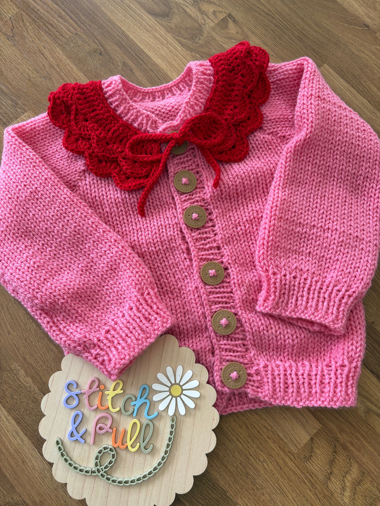 Made to Order Handmade Personalised Cardigan with Crochet Collar