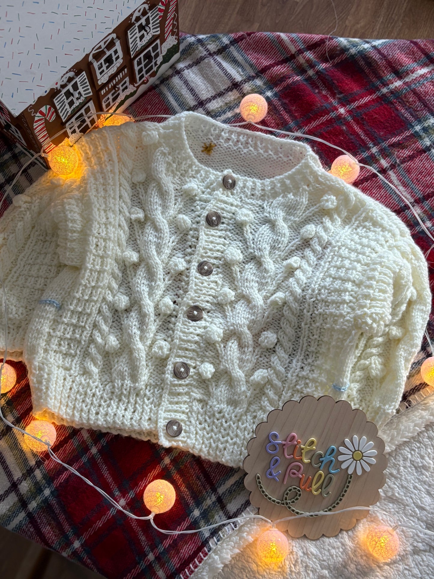 Pre-made Knitted Christmas Cream Cardigan with Fox Bavarian Market - Size 2-3 years