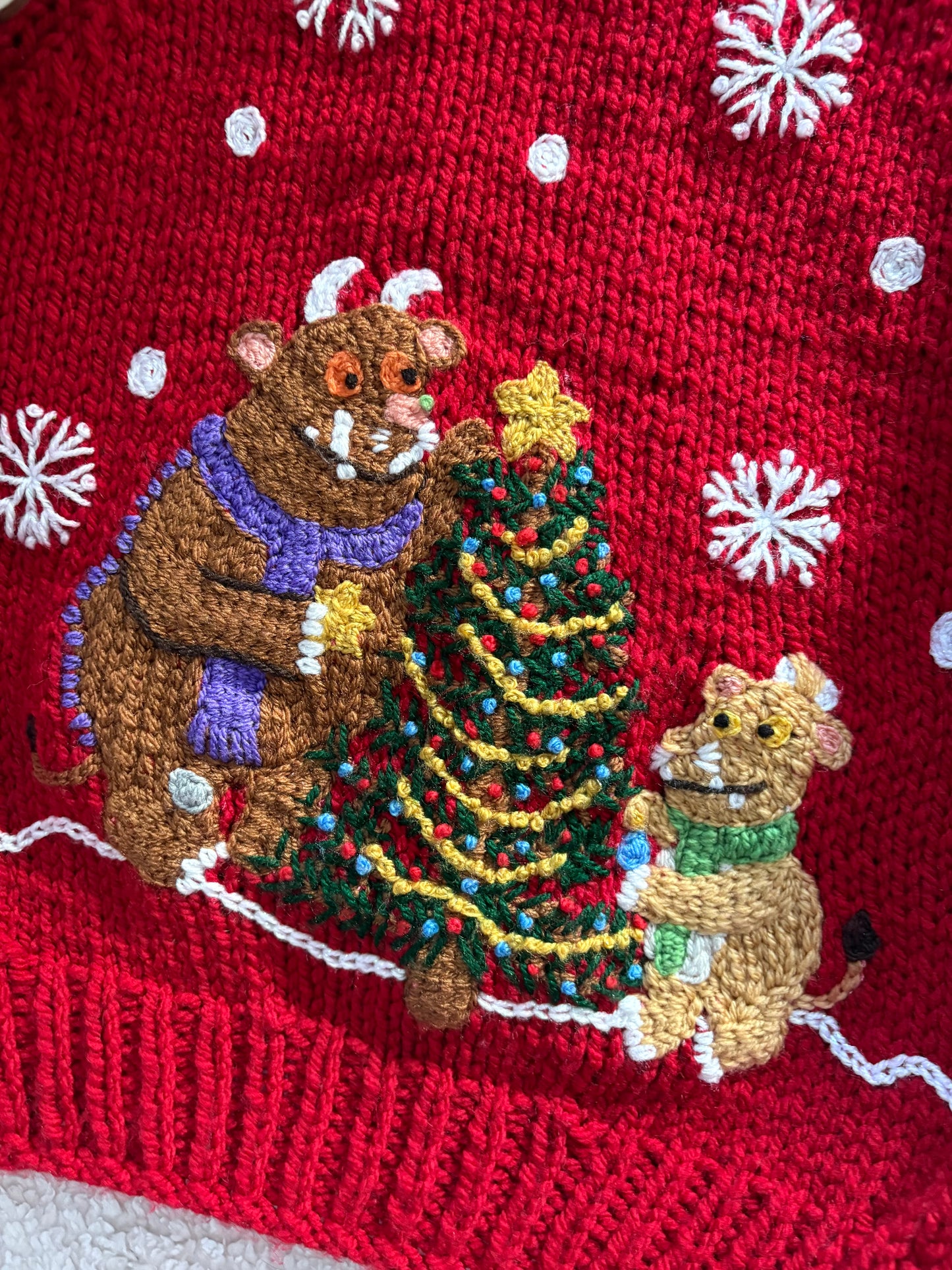 Pre-made Knitted Christmas Chunky Red Cardigan with Gruffalo Christmas Tree Scene - Size 2-4 years