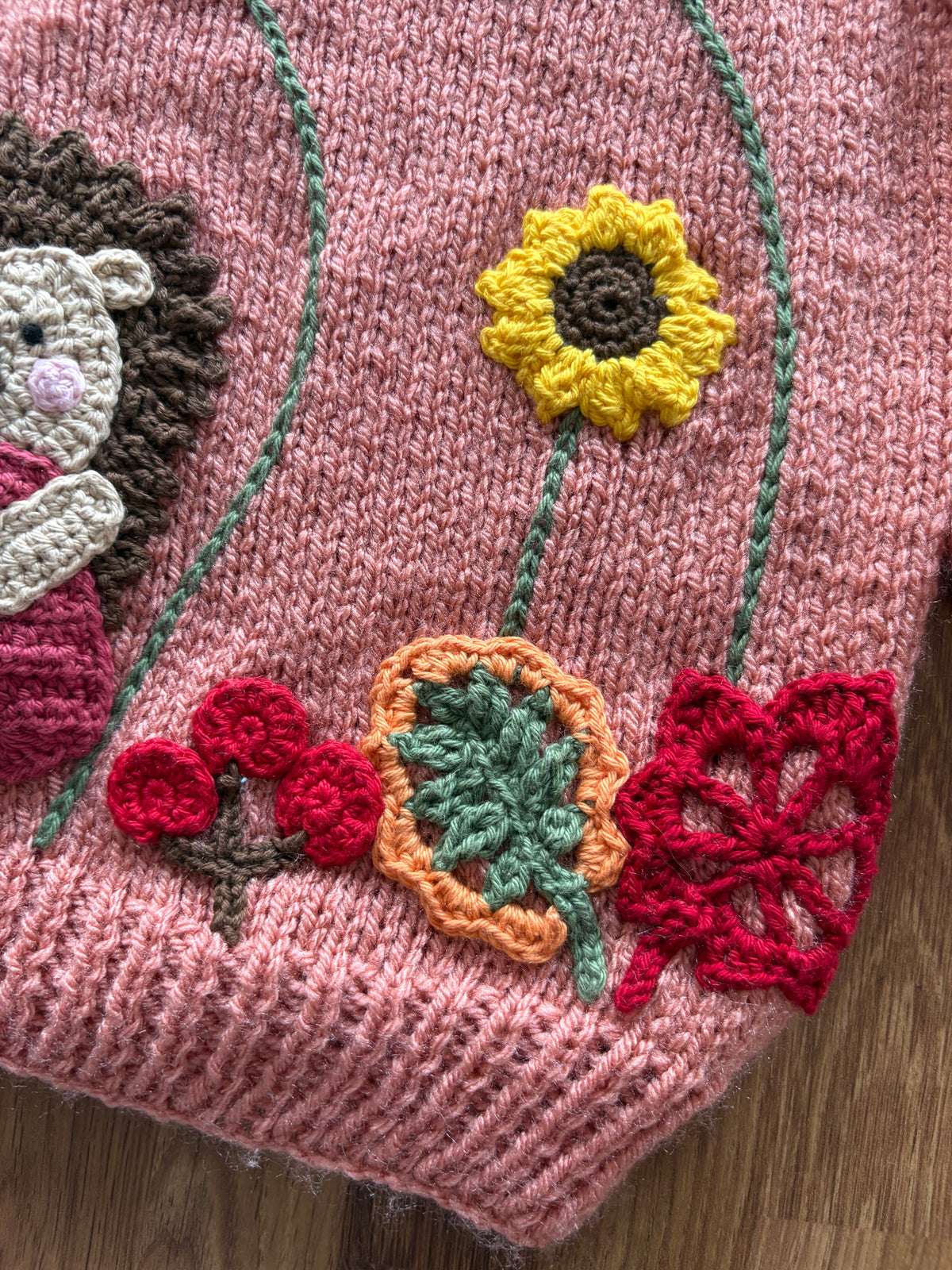 Pre-made Knitted & Crocheted Cardigan with Liberty Collar - Harriet Hedgehog the Gardener - age 2-3 years
