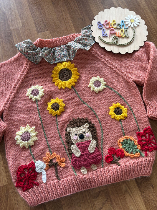 Pre-made Knitted & Crocheted Cardigan with Liberty Collar - Harriet Hedgehog the Gardener - age 2-3 years