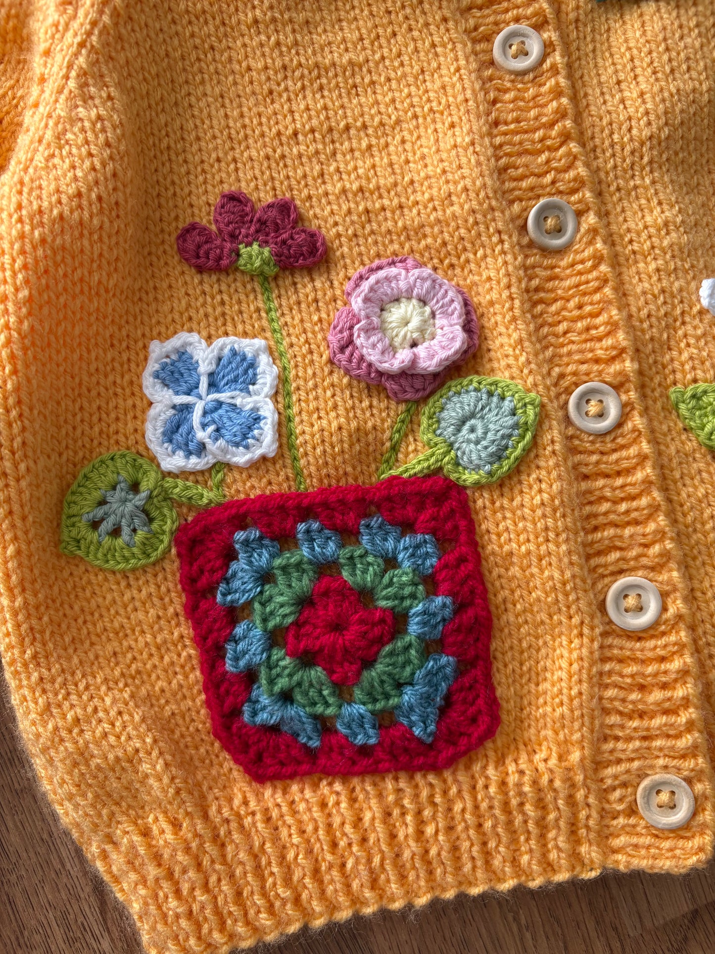 Pre-made Knitted Saffron Cardigan with liberty collar and wild flowers - Size 2-3 years