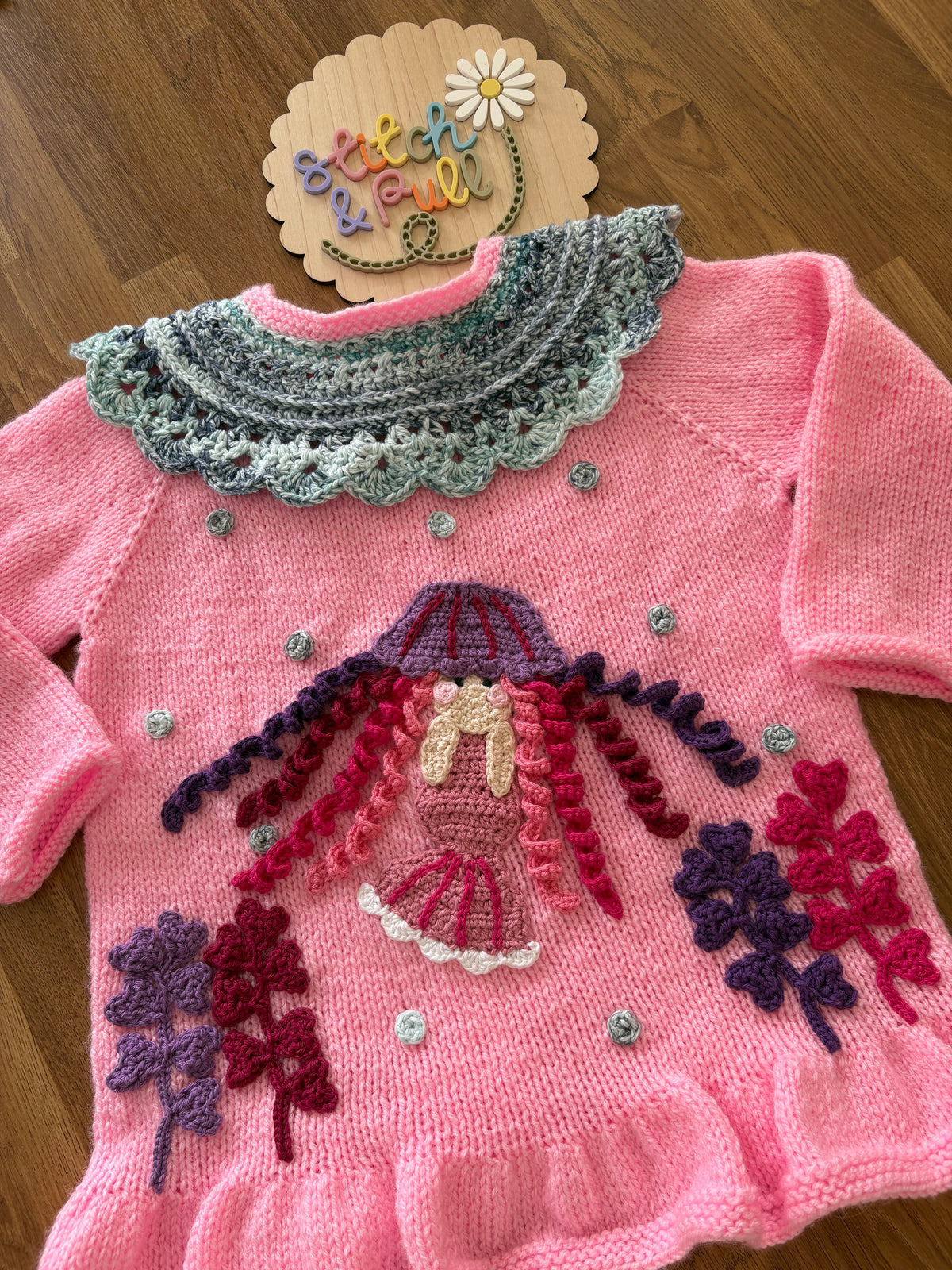 Pre-made Knitted & Crocheted Peplum Cardigan - Jasmine the Jellyfish Mermaid - age 2-4 years