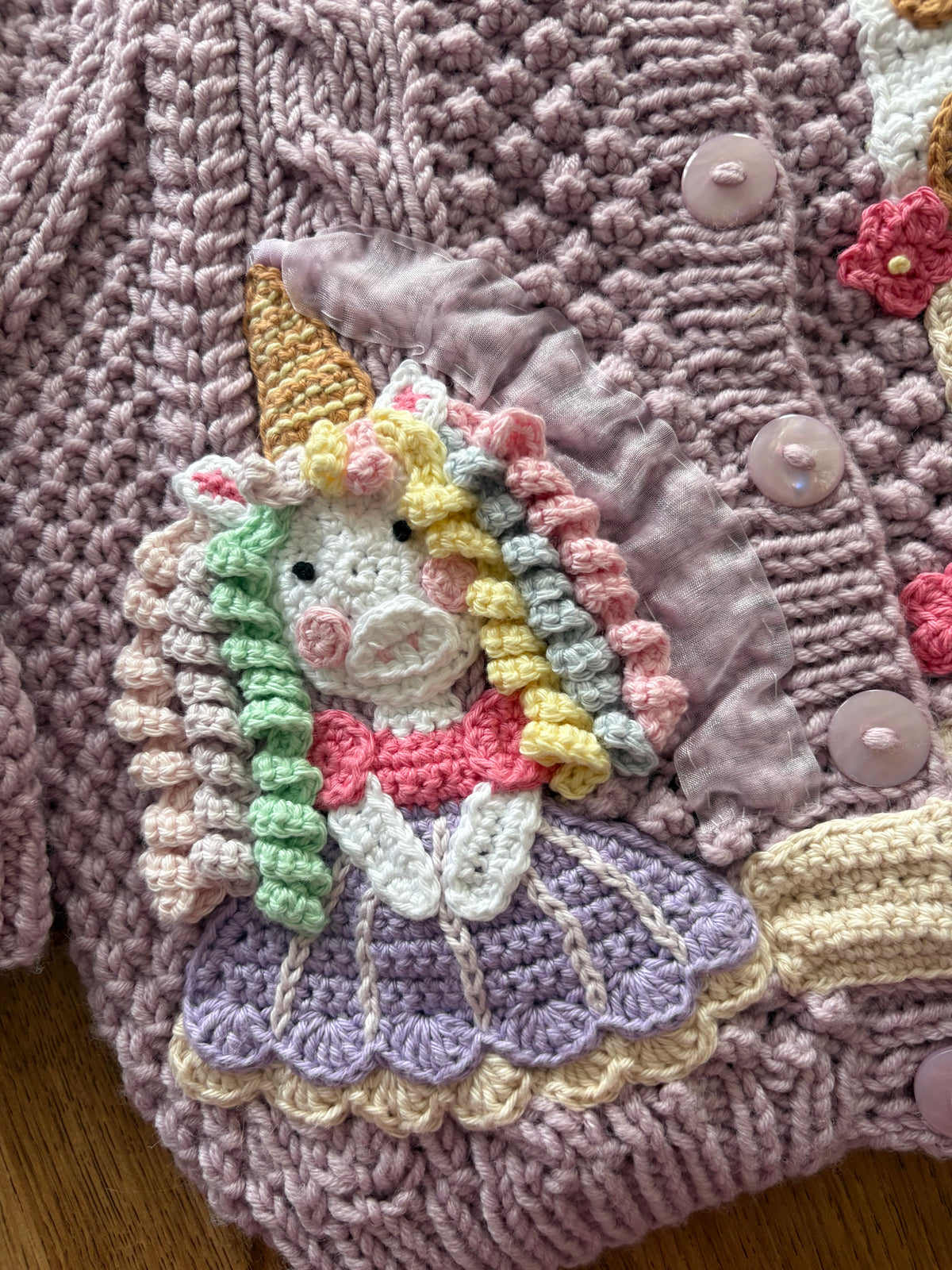 Pre-made Knitted & Crocheted Merino Cable Cardigan - Penelope the Princess Unicorn - age 2-3 years