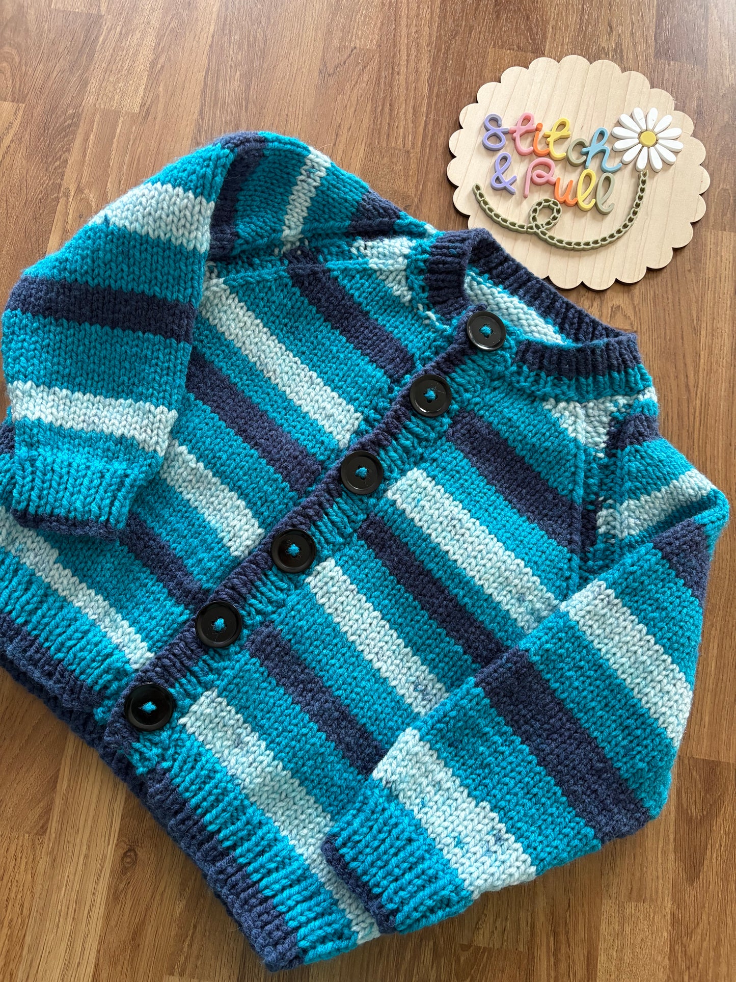 Pre-made Knitted blue stripe Cardigan with sea creatures scene - Size 2-3 years