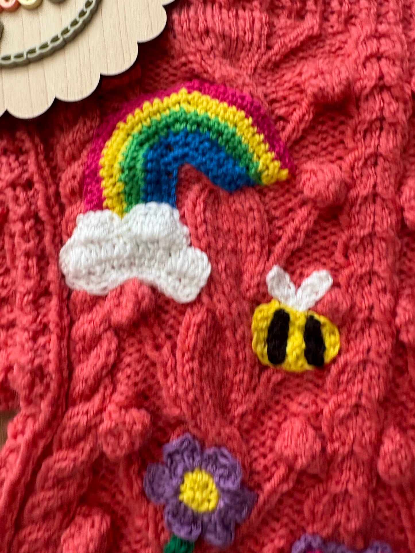 Pre-made Knitted Pink Popcorn Cardigan with flowers, rainbows, star, cloud, bee, mushroom and bear - Size 1-2 years