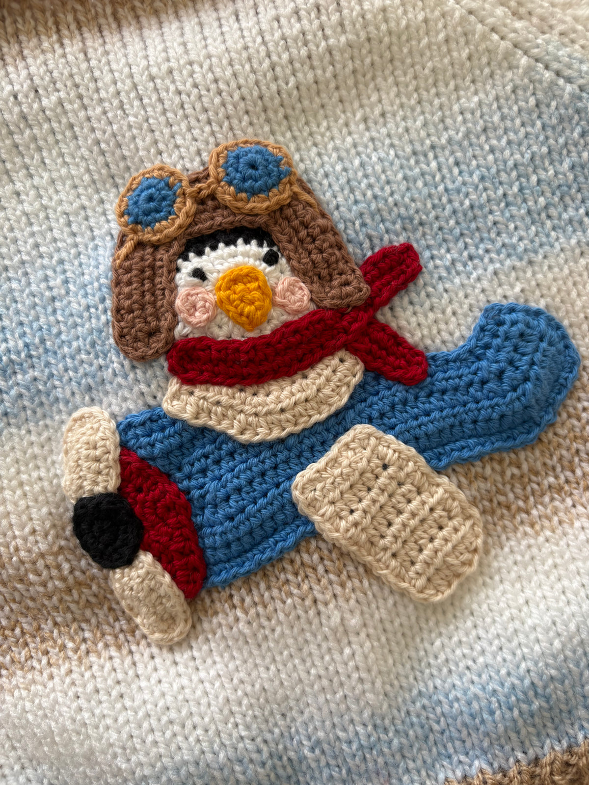 Pre-made Knitted & Crocheted Cardigan - Percy Penguin the Pilot - age 6-12 months