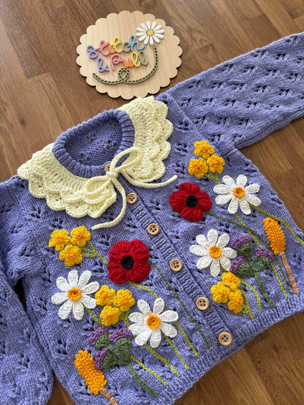 Pre-made Knitted & Crocheted Cardigan - Daisy Deer the Florist - age 2-3 years