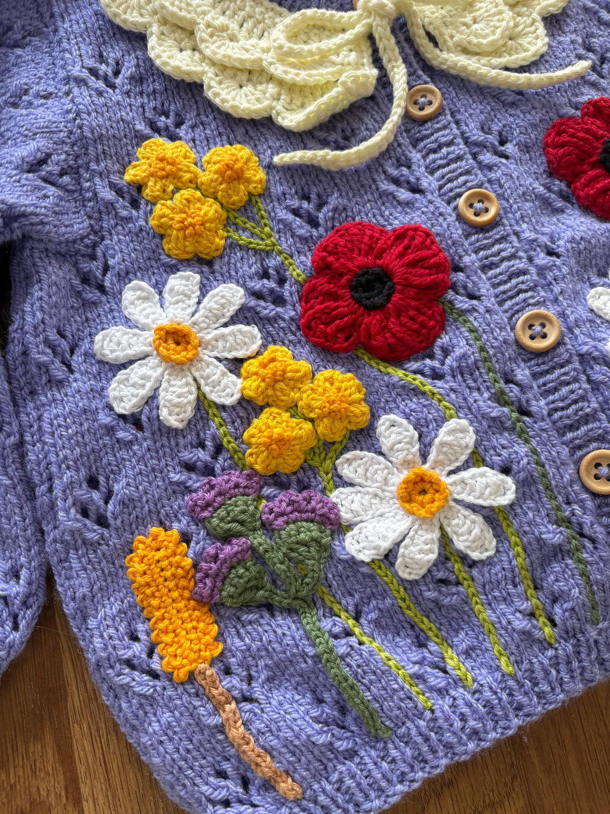 Pre-made Knitted & Crocheted Cardigan - Daisy Deer the Florist - age 2-3 years