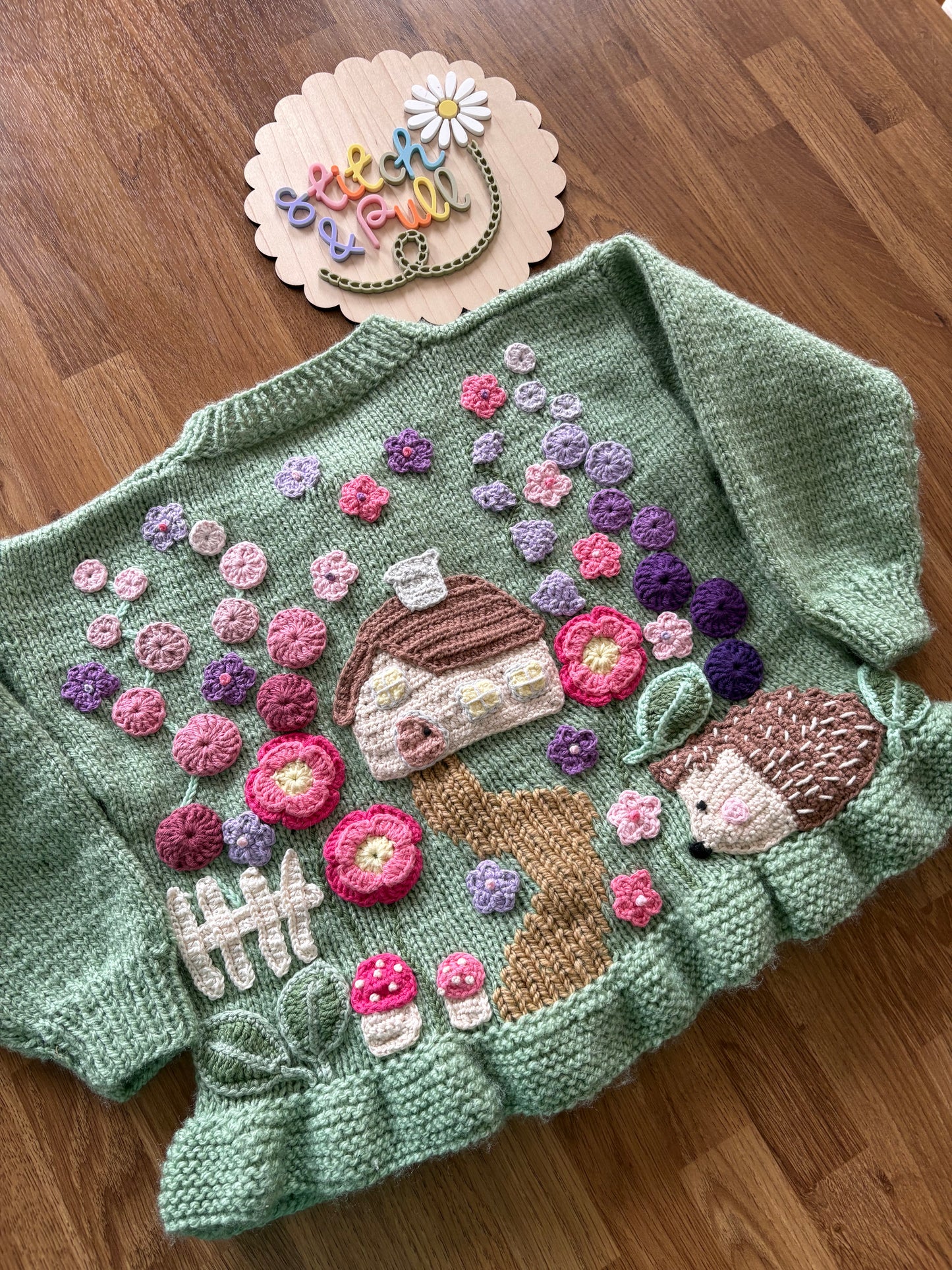 Pre-made Knitted & Crocheted Peplum Cardigan - Cottage in flowers - age 2-3 years