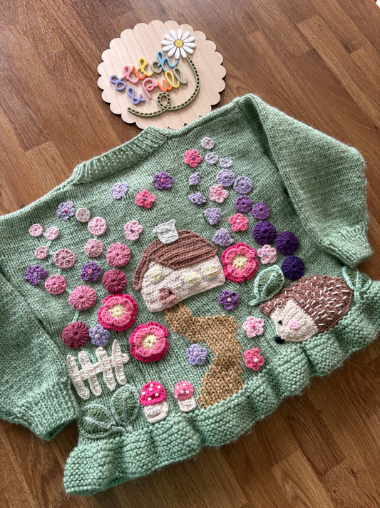 Pre-made Knitted & Crocheted Peplum Cardigan - Cottage in flowers - age 2-3 years