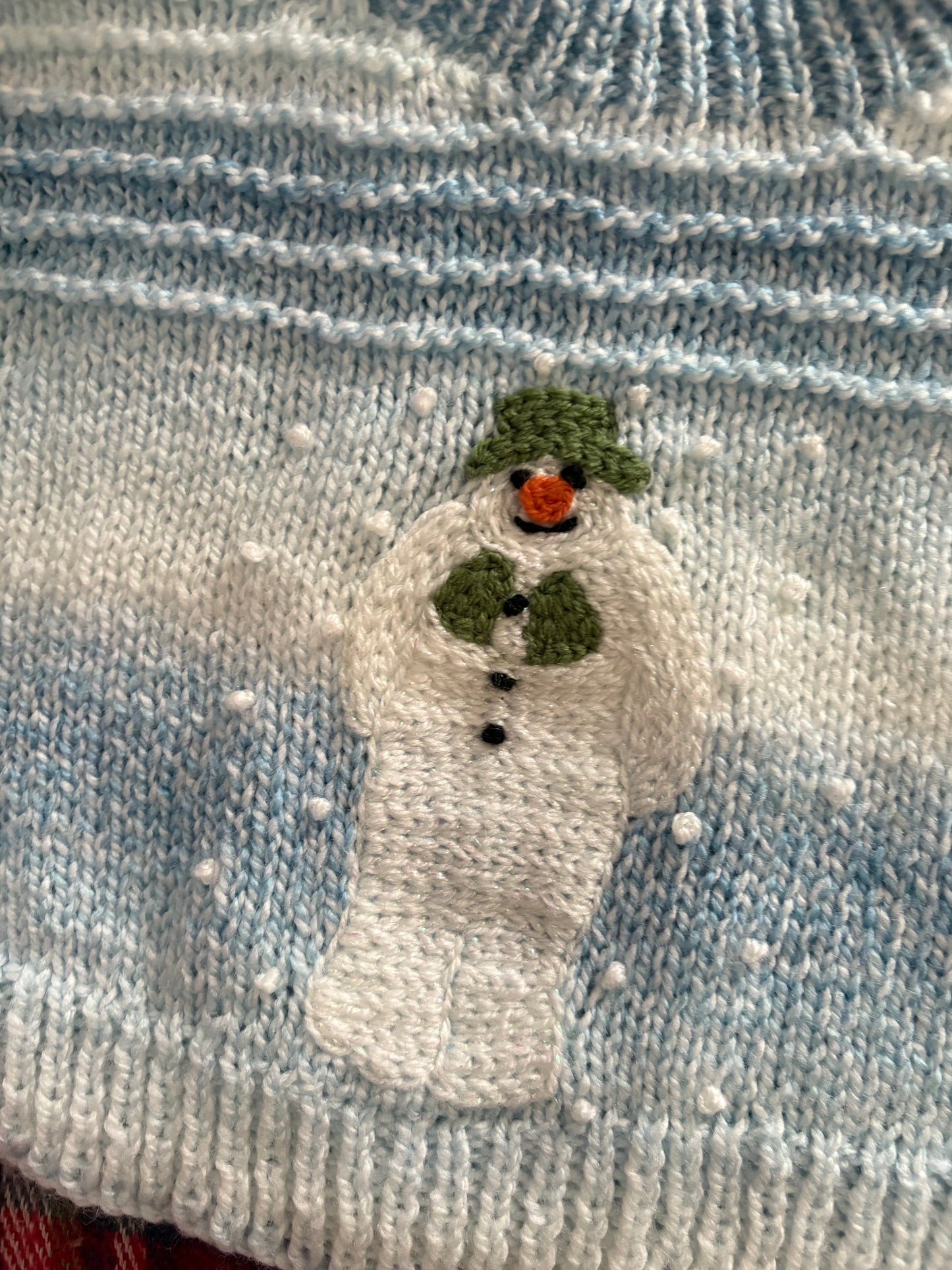 Pre-made Knitted Christmas White/Blue ombré Jumper with the Snowman and snow falling - Size 6-9 months
