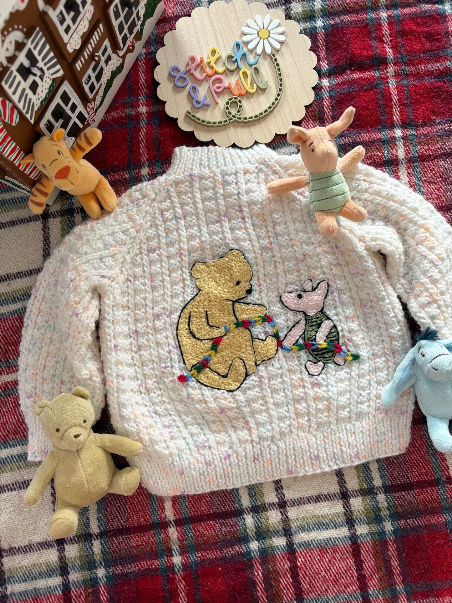 Pre-made Knitted Christmas White Fleck Cardigan with Winnie the Pooh and Piglet - Size 9-12 months