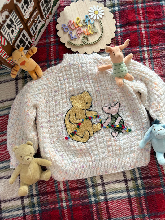 Pre-made Knitted Christmas White Fleck Cardigan with Winnie the Pooh and Piglet - Size 9-12 months