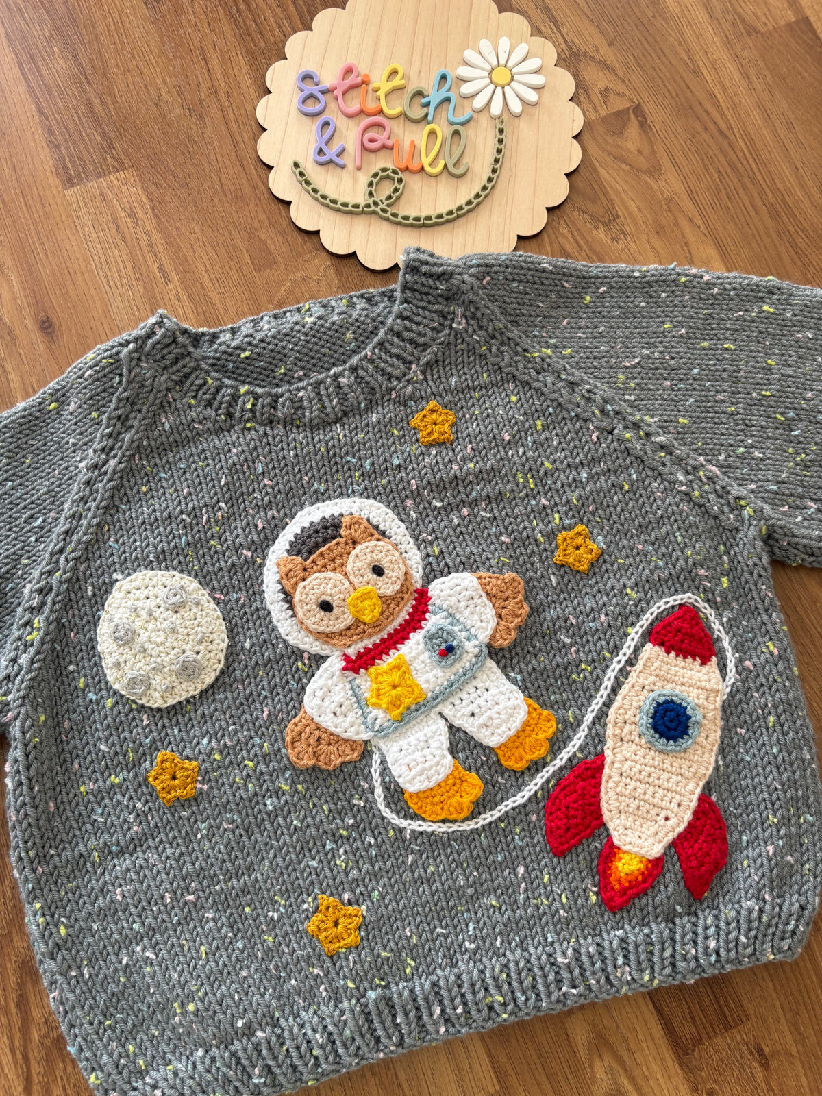 Pre-made Knitted & Crocheted Jumper - Oliver Owl the Astronaut - age 1-2 years