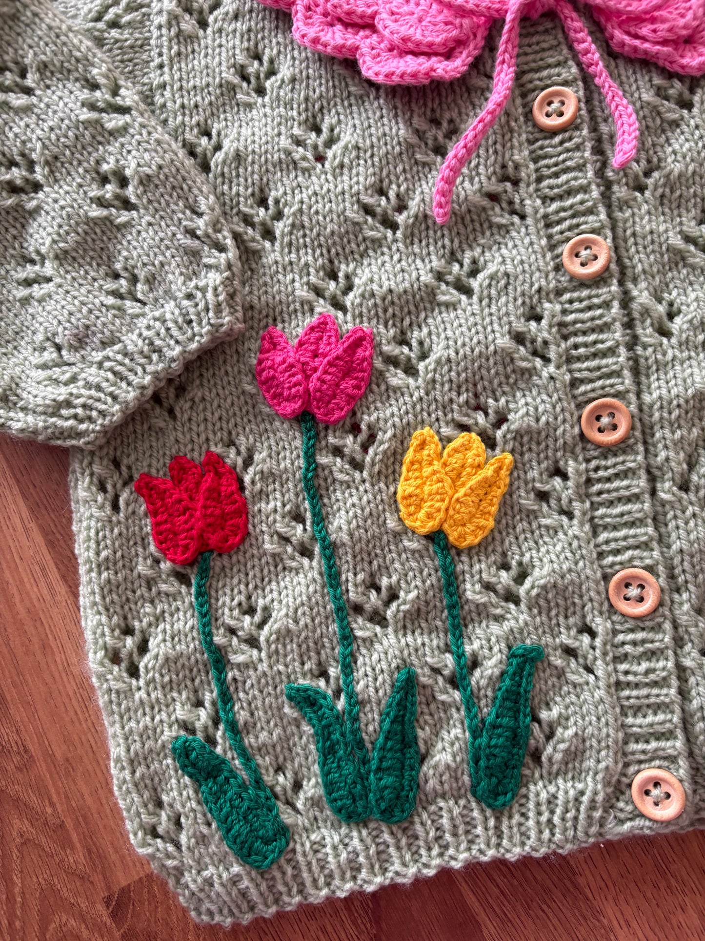 Pre-made Knitted & Crocheted Little Tulip Cardigan - 2-3 years