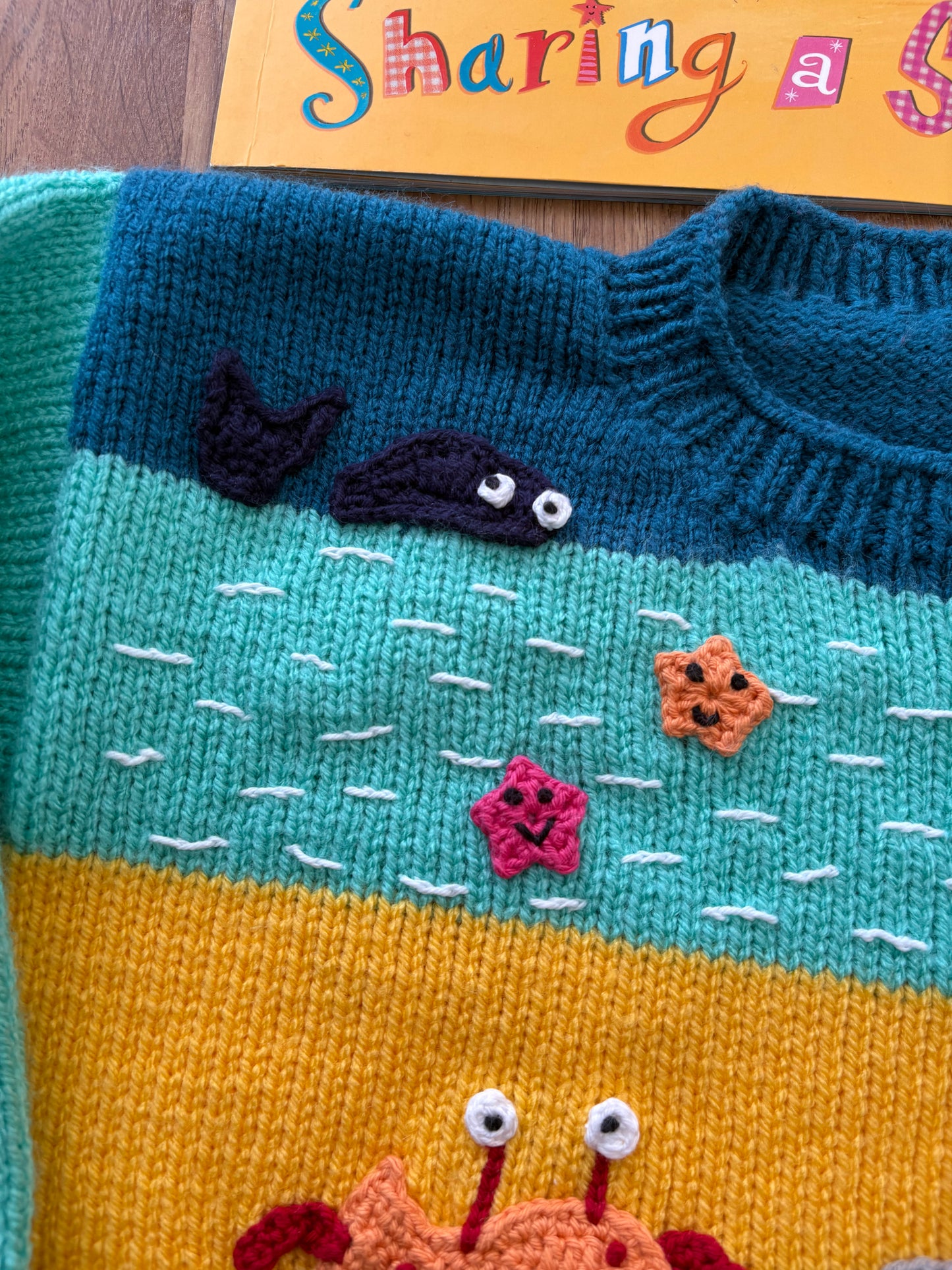Pre-made Knitted & Crocheted Sharing a Shell Jumper - 3-4 years